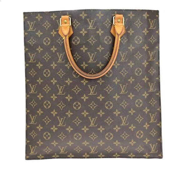 LOUIS VUITTON Logo Sac Plat Hand Tote Bag Monogram Leather Brown - Picture 1 of 16